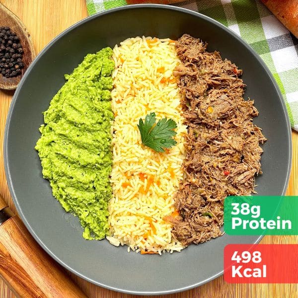 Foto para o site 600 x 600 px beef1-10 Pulled Beef with Rice and Creamy Mashed Peas(498 Kcal) - Image 1