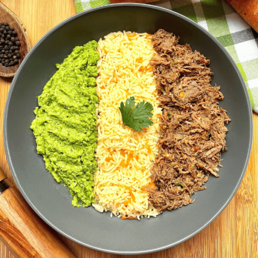 Pulled Beef with Rice and Creamy Mashed Peas(497 Kcal)